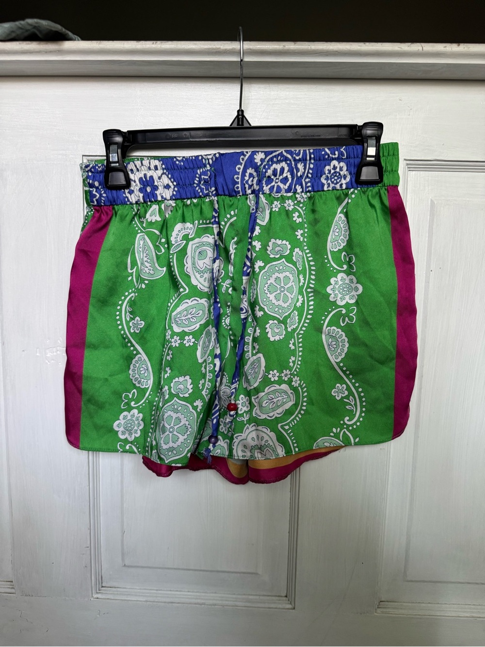 Zara Green Paisley Satin Shorts with Blue Waistband and Magenta Sides